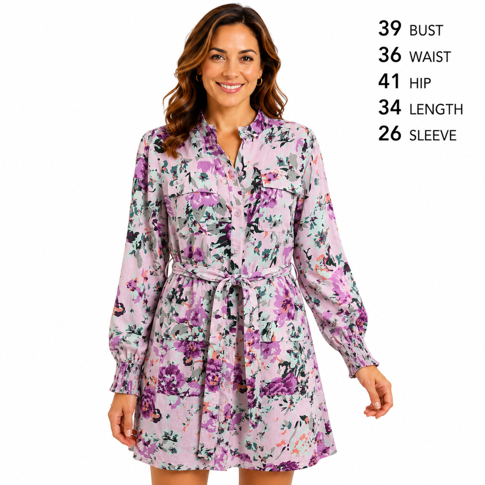 Fate Linen & Cotton Lavender Floral Puff Long Sleeve Belted Shirt Mini Dress M
